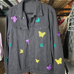SHEIN Black Denim Jacket with Colorful Butterfly Embroidery